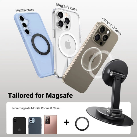 Magnetic MagSafe Phone Stand For Desk, Height Adjustable And 360 Degree Rotation, with iPhone displaying MagSafe cases