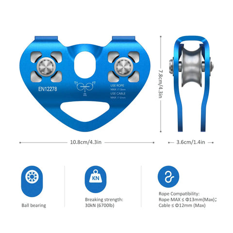 Beefy Built Tough Zip Line Pulley Tandem Speed Double Pulley 30KN 6700LBS Breaking Strength For 1/4 5/16 3/8 1/2 Inch Cable