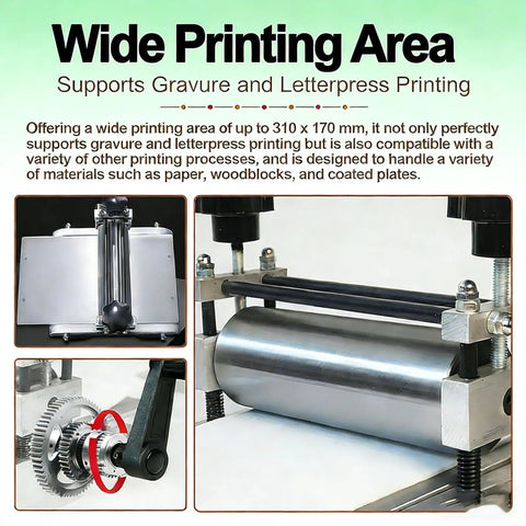 Must Have Engraving Print Making Machine With Manual Press For Slick Printmaking close-up of adjustable roller and gears