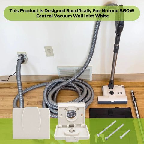 Front view of white Pokin 360W central vacuum wall inlet cover with hose, wand, and floor head