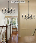 37.4 Inch Black Farmhouse Chandelier With 8 Candle Style Lights, seen in dining room and stairwell.