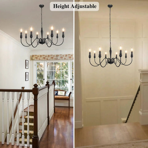 37.4 Inch Black Farmhouse Chandelier With 8 Candle Style Lights, seen in dining room and stairwell.