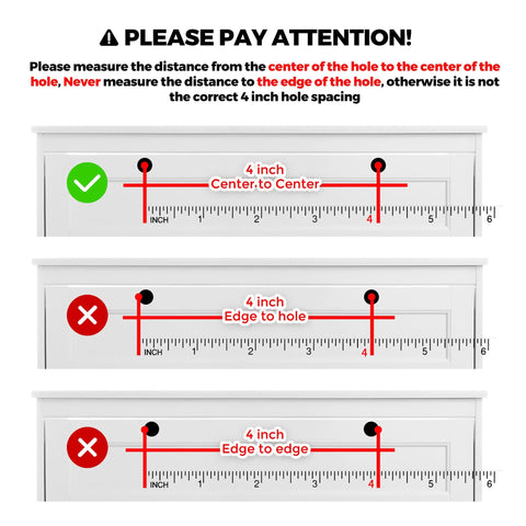 Diagram showing correct and incorrect measurements for cabinet pull installation with ruler for Thirty Pack Four Inch Hole Center Cabinet Pulls Matte Black Finish Six And Three Eighths Inches Overall Length Kitchen Cabinet Hardware Handles For Cabinets And Drawers Durable Construction And Easy Installation For Long Lasting Performance.