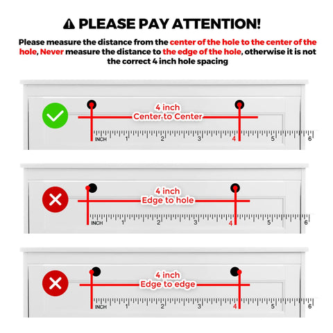 Instructional graphic showing correct hole measurement for Black Cabinet Handles 30 Pack Four Inch Matte Square Drawer Pulls For Kitchen Cabinets With Six And Three Eighths Inch Overall Length Durable Metal Construction With Smooth Matte Finish For Easy Sliding And Long Lasting Use.