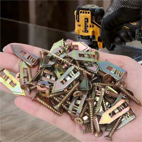 Heavy Duty Metal Screw Anchors Kit With Screws No Drill Needed For DIY Friendly Easy Wall Mounting Of Cabinets Shelves And Picture Frames Galvanized Steel 0.47 X 1.18 Inch Fits Standard Mounts And Brackets, hand holding mixed anchors and screws