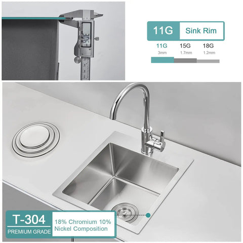 Undermount Bar Sink 13 By 15 Inch Single Bowl For Prep Kitchen, Handmade 18 Gauge T304 Stainless Steel with strainer installed