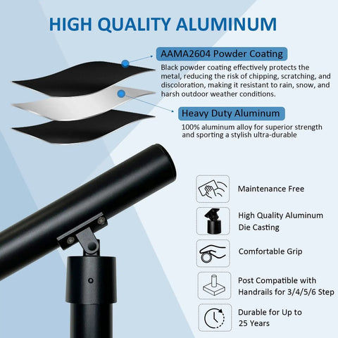 Close-up of Hella Sturdy Aluminum Round Stair Handrail Kit For Indoor Outdoor Steps and Porch Deck With Rock Solid 800 Pound Load Capacity Built Tough Textured Black Railing showing powder coating and design details.