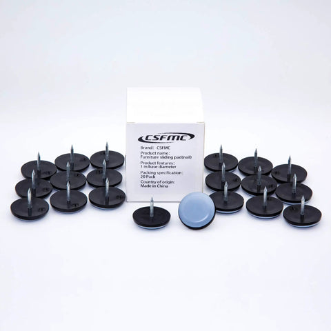 Heavy Duty Teflon Furniture Sliders To Glide Chairs Sofas And Tables Across Hardwood Floors A Total Game Changer Nail On PTFE Protective Base Glides Drag Free Smooth Moving Pads For Any Room 20 Pack in a box with multiple pads.