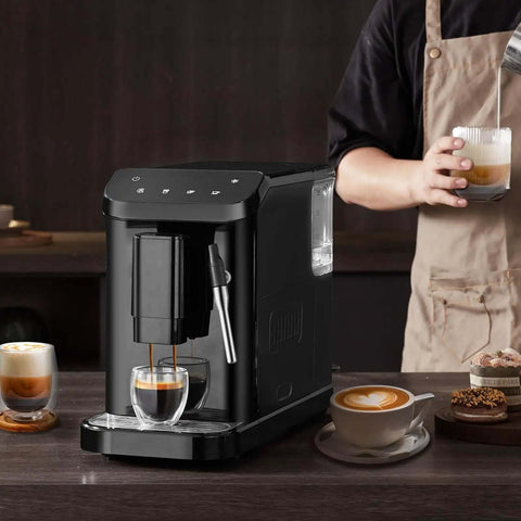 Automatic Espresso Machine With Built In Grinder, 20 Bar Pressure, Frother Steam Wand, 15 Grinding Settings, 1.5L Water Tank shown on countertop in use