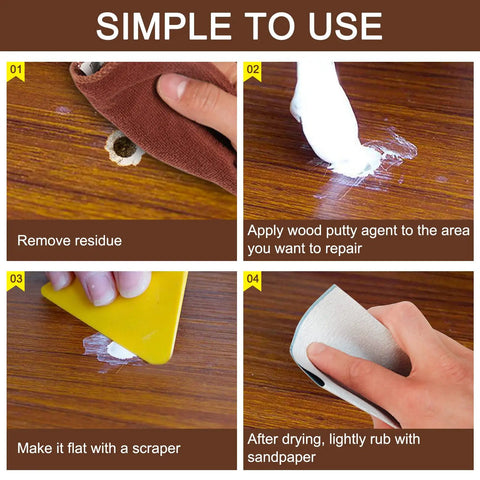 Water Based Wood Filler White Wood Putty For Trim And Cabinet Repair paint application process using scraper and sandpaper.