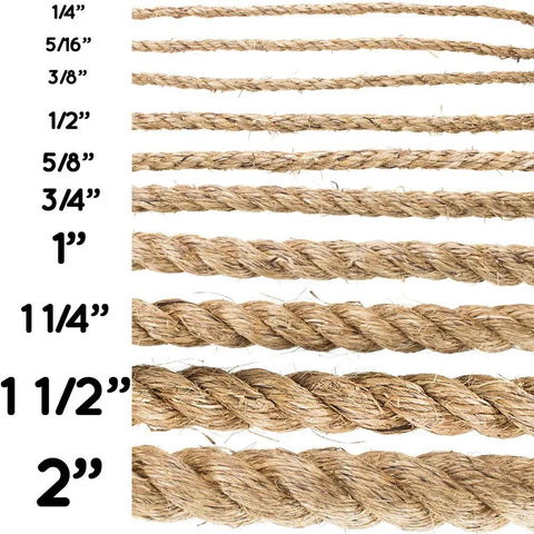 Various diameters of natural fiber rope, including Three Eighths Inch Natural Fiber Manila Rope, Three Strand Tan Rope Roll.