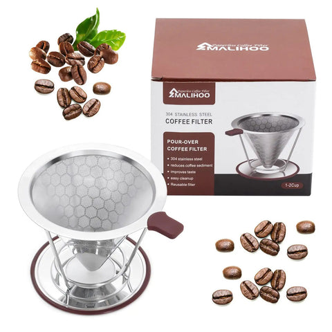 Stainless Steel Pour Over Cone Filter With Removable Stand Honeycombed Mesh For Reusable Paperless Brewing in a 1 To 2 Cup Size
