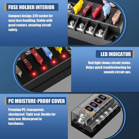 Waterproof 12V Four Circuit Fuse Block Marine Fuse Panel With LED Indicator Relay Box Kit Damp Proof Cover Built For 12V 24V Autos Boats Trucks RVs Easy Install Space Saving Rugged Durable Electrical Hub with transparent cover and four blade fuses