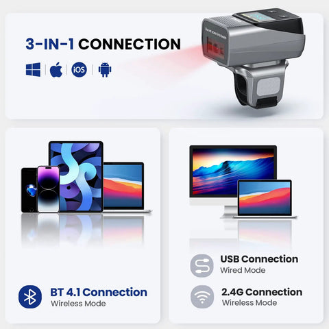 3-in-1 connection for 2D Bluetooth Ring Barcode Scanner With Screen For Left Or Right Hand Wearable QR Code Reader