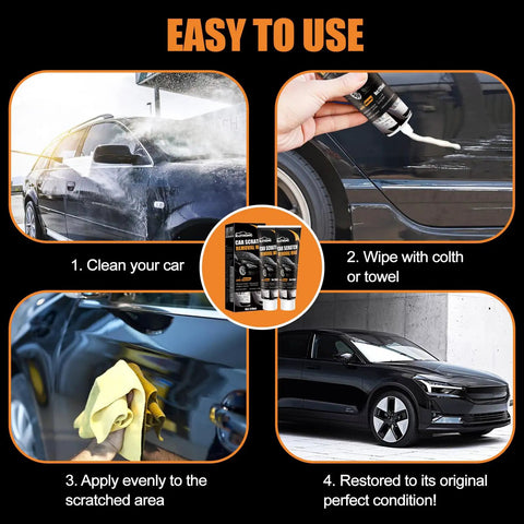 Steps for using 2026 Upgraded Scratch Remover For Vehicles With Wipe And Sponge Car Scratch Repair Kit shown on a car