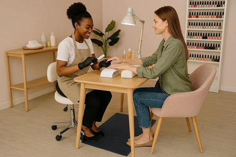 Nail salon setting with manicurist and customer seated at a wooden table, nail polish rack and plants in the background.