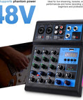 4 Channel Mixer With Bluetooth USB Recording And 48V Phantom Power for studio sound with controls and connectivity ports visible