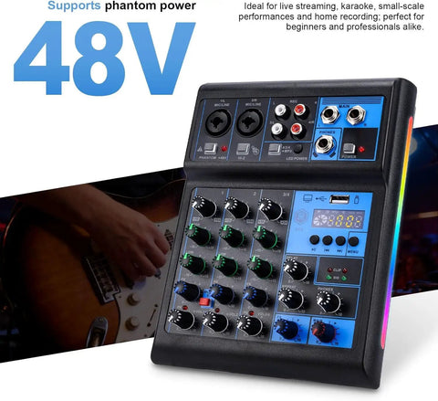 4 Channel Mixer With Bluetooth USB Recording And 48V Phantom Power for studio sound with controls and connectivity ports visible
