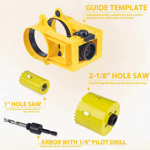 Easy Adjustable Door Lock Installation Kit With Guide Template For Metal Or Wood Doors Includes One Inch And Two And One Eighth Inch Hole Saws One Quarter Inch Drill Bit Jig And Snap On Arm For Diy Friendly Precise Backset Drilling image showing yellow guide template and hole saws