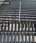 Before and after cleaning a grill grate with Plant Based BBQ Grill Cleaner Oil For Grates And Grills 8 Oz Vegan Safe Solvent Free Formula