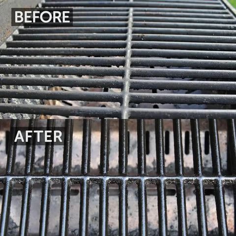 Before and after cleaning a grill grate with Plant Based BBQ Grill Cleaner Oil For Grates And Grills 8 Oz Vegan Safe Solvent Free Formula