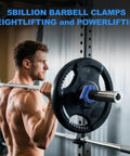 2 Inch Barbell Clamps Pair With No Slip TPR Lining Quick Release Barbell Clips For Secure Weightlifting At Home Or Gym Built To Last Durable Nylon Composite Blue being used during a lift by a man in a gym.