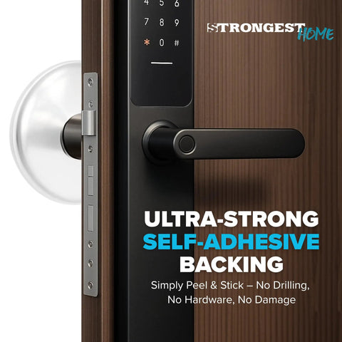 Clear Rubber Door Stoppers Extra Large Self Adhesive Wall Protectors for heavy door knobs on a wooden door.