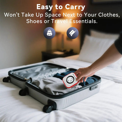 Person placing five in one CO and gas leak detector with plug in and battery backup temperature humidity sensor into suitcase