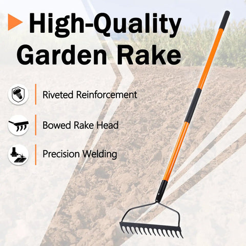 Heavy Duty Garden Rake With 14 Tines And 58 Inch Fiberglass Handle Built To Last High Carbon Steel Build For Extreme Durability