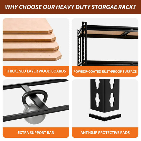 Heavy Duty 5 Tier Adjustable Storage Shelves Rack Holds Up To 3000 Lbs For Garage Kitchen Basement Pantry Or Warehouse Durable Metal Shelving With Solid Wooden Boards 72 In High 36 In Wide 16 In Deep Black, thick wood boards and rust-proof frame