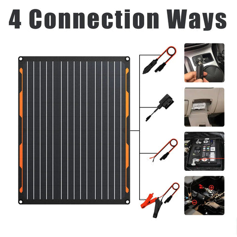 20W 12V Solar Panel Charger Kit With Built In Dual Stage Smart Charging Controller showing four connection methods.