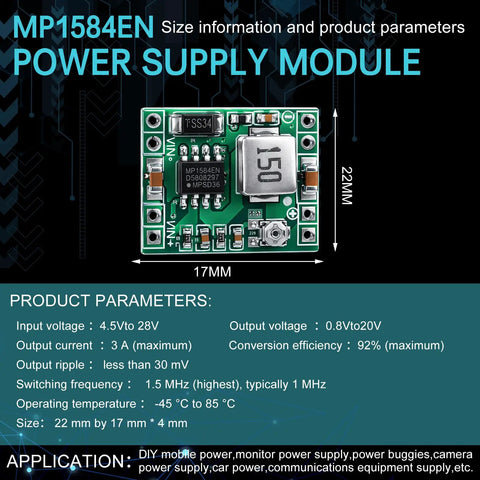 MP1584EN DC-DC Buck Converter Module with 22mm x 17mm size, 3A max, 92% efficiency, for DIY electronics projects.