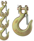Heavy Duty One Quarter Inch Chain Hooks Set Four Clevis Slip Hooks With Safety Latch Grade 70 Forged Steel 12,600 Lb Capacity