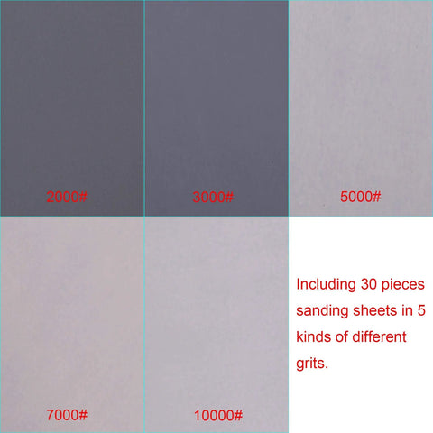 Pro Grade Wet And Dry Sandpaper Set Of 30 Grit Papers 2000 3000 5000 7000 10000 With Six Sheets Each display of grit variety