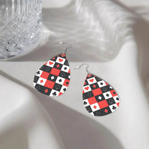 Dope Poker Suit Dangle Drop Earrings Featuring Bold Grid Card Pattern Silver Plated Hooks Lightweight Acrylic Teardrops Hypoallergenic