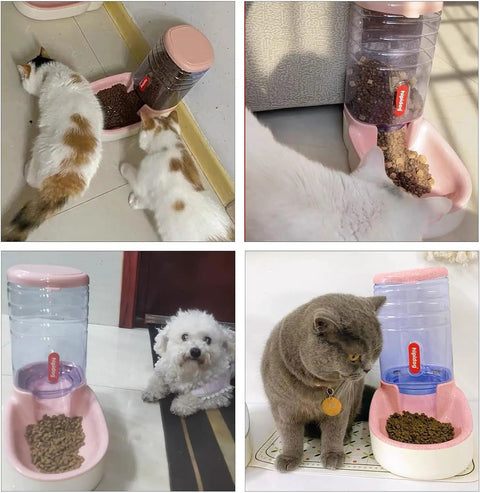 Reliable Gravity Dog Food Dispenser Automatic Cat Feeder With One Gallon Capacity For Small Medium Dogs And Cats Pink Siphon Kibble Station with cats and dog.