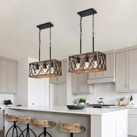 Industrial Farmhouse Three Light Pendant Ceiling Light With Wood Grain Finish above kitchen island, rustic modern style