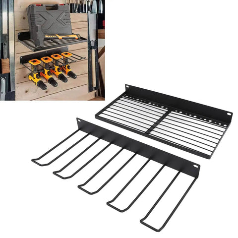 Wall Mount Power Tool Organizer For Garages And Homes, Heavy Duty Drill Holder, Large Capacity Iron Tool Rack shown assembled and installed