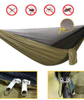 Army Green Oversized Waterproof Rain Fly Camping Hammock with Mosquito Net and Tree Straps, close-up of zippers and netting