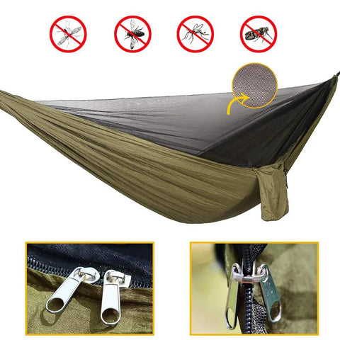 Double Parachute Nylon Camping Hammock Set With Rain Fly Tarp showing mosquito net protection and zipper detail