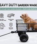 Beefy Heavy Duty Garden Wagon Cart with 880 lb Capacity and All Terrain Solid Wheels carrying a dog on a lawn