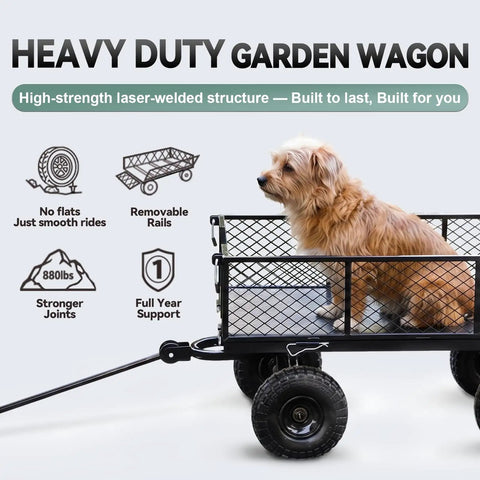 Beefy Heavy Duty Garden Wagon Cart with 880 lb Capacity and All Terrain Solid Wheels carrying a dog on a lawn