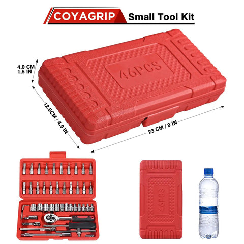 46 Piece Socket Ratchet Wrench Set One Quarter Inch Drive With Metric Sockets And Screwdriver Bit Set Extension Bar And Storage Case For Car Repair And Home DIY, red storage case, closed view.