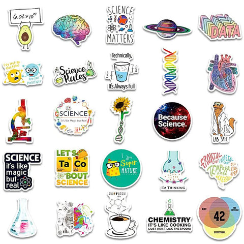 100 Piece Dope Science Stickers Pack Vinyl Decals For Physics Chemistry Biology Experiments Cute Lab Themed Stickers with fun designs like beakers, DNA, and periodic table.
