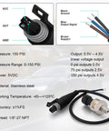 0-150 Psi Pressure Transducer Sensor With 1/8-27 NPT 316 Stainless Steel Thread And Harness Connector Linear 0.5V To 4.5V