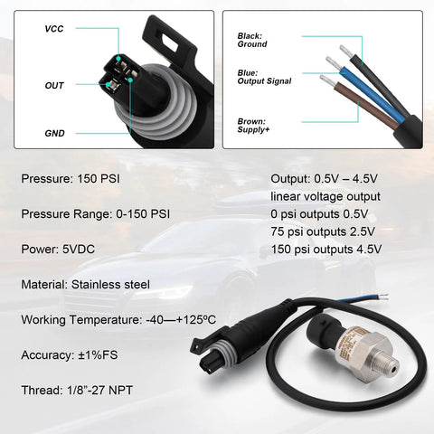 0-150 Psi Pressure Transducer Sensor With 1/8-27 NPT 316 Stainless Steel Thread And Harness Connector Linear 0.5V To 4.5V