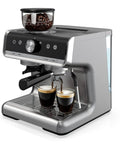 Daily Grind Fix 20 Bar Semi Automatic Espresso Machine With Built In Grinder And Milk Frother Steamer For Kickin Crema Lattes And Cappuccinos Light Gray Pid Temp Control Heavy Duty brewing espresso in two cups.