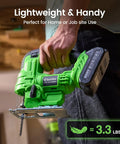 Straight Up Compact Cordless Jigsaw Kit With Dual 2.0Ah Batteries Rapid Fire Charging And Nine Snap Swap Blades For Effortless Trim Woodworking And Quick Lumber Cuts No Sweat held in hand, emphasizing lightweight design and battery.