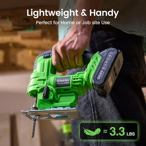 Straight Up Compact Cordless Jigsaw Kit With Dual 2.0Ah Batteries Rapid Fire Charging And Nine Snap Swap Blades For Effortless Trim Woodworking And Quick Lumber Cuts No Sweat held in hand, emphasizing lightweight design and battery.