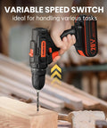 High Performance 20V Cordless Drill and Screwdriving Set with 2 Amp Hour Battery 42 Piece Kit Includes Extension Rod and Flexible Shaft Keyless Chuck Made Easy for Weekend Warriors, showing variable speed switch.